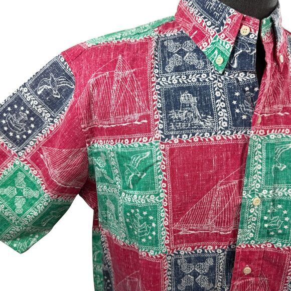 Reyn Spooner VTG 90s Reverse Patchwork Print Nautical Hawaii Sailing‎ Size L - Picture 3 of 6